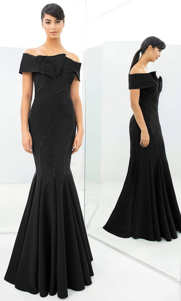 Sophisticated Mermaid Straight Neck Natural Waistline Applique Back Zipper Fitted Pleated Beaded Off the Shoulder Floor Length Dress with a Brush/Sweep Train