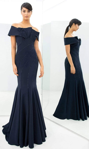 Sophisticated Straight Neck Applique Beaded Fitted Pleated Back Zipper Natural Waistline Mermaid Floor Length Off the Shoulder Dress with a Brush/Sweep Train
