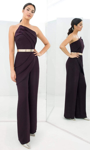 Sophisticated Strapless Pleated Wrap Belted Asymmetric Crepe Natural Waistline Jumpsuit