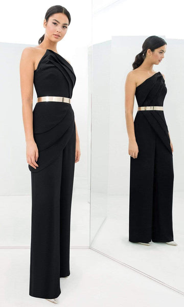 Sophisticated Strapless Wrap Belted Pleated Asymmetric Natural Waistline Crepe Jumpsuit
