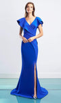 V-neck Floor Length Slit Open-Back Asymmetric Button Closure Pleated Mermaid Cap Sleeves Natural Waistline Evening Dress with a Brush/Sweep Train With Ruffles