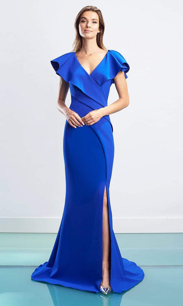 V-neck Open-Back Button Closure Pleated Slit Asymmetric Mermaid Cap Sleeves Natural Waistline Floor Length Evening Dress with a Brush/Sweep Train With Ruffles