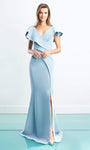 V-neck Floor Length Pleated Open-Back Slit Asymmetric Button Closure Cap Sleeves Mermaid Natural Waistline Evening Dress with a Brush/Sweep Train With Ruffles