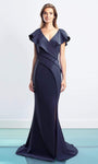 V-neck Floor Length Natural Waistline Cap Sleeves Pleated Asymmetric Button Closure Slit Open-Back Mermaid Evening Dress with a Brush/Sweep Train With Ruffles