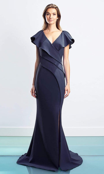 V-neck Natural Waistline Floor Length Cap Sleeves Mermaid Pleated Open-Back Asymmetric Slit Button Closure Evening Dress with a Brush/Sweep Train With Ruffles