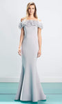 Natural Waistline Off the Shoulder Floor Length Fitted Back Zipper Mermaid Dress with a Brush/Sweep Train With Ruffles