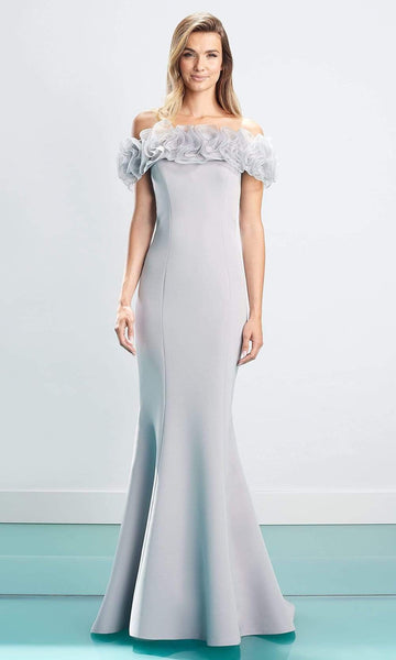 Off the Shoulder Back Zipper Fitted Natural Waistline Mermaid Floor Length Dress with a Brush/Sweep Train With Ruffles