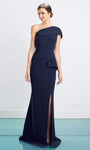 One Shoulder Button Closure Draped Fitted Slit Asymmetric Goddess Sheath Floor Length Natural Waistline Sheath Dress/Evening Dress With Ruffles