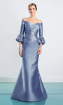 V-neck Button Closure Pleated Faux Wrap Asymmetric Off the Shoulder Natural Waistline Mermaid Dress