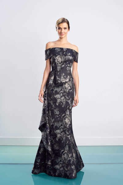 Floral Print Peplum Glittering Button Closure Fitted Off the Shoulder Brocade Floor Length Straight Neck Natural Waistline Mermaid Evening Dress with a Brush/Sweep Train