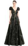 Tall Sexy A-line V-neck Fit-and-Flare Plunging Neck Natural Waistline Fitted Pleated Back Zipper V Back Open-Back Sheer Metallic Cap Sleeves Evening Dress with a Brush/Sweep Train With Ruffles