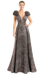 Tall Sexy A-line V-neck Cap Sleeves Natural Waistline Fit-and-Flare V Back Fitted Sheer Back Zipper Pleated Open-Back Plunging Neck Metallic Evening Dress with a Brush/Sweep Train With Ruffles