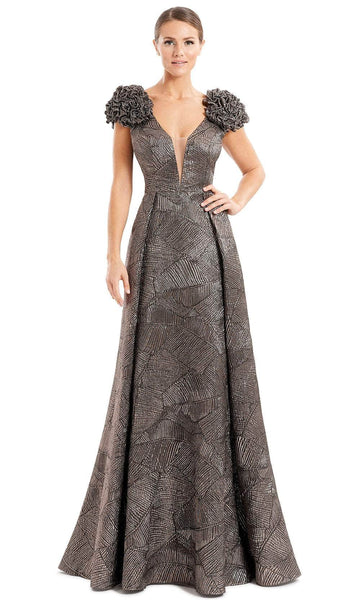 Tall Sexy A-line V-neck Cap Sleeves Metallic Fitted Open-Back Sheer Pleated V Back Back Zipper Fit-and-Flare Plunging Neck Natural Waistline Evening Dress with a Brush/Sweep Train With Ruffles