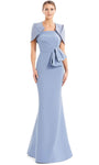 Strapless Short Sleeves Sleeves Open-Back Pleated Fitted Button Closure Peplum Floor Length Mermaid Straight Neck Natural Waistline Evening Dress