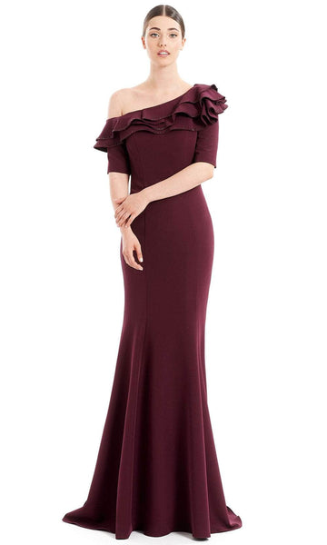Sophisticated Floor Length Asymmetric Pleated Hidden Back Zipper Mermaid Fall Natural Waistline Short Sleeves Elbow Length Sleeves One Shoulder Dress with a Brush/Sweep Train With Ruffles