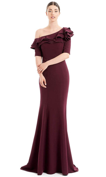 Sophisticated Mermaid Fall Short Sleeves Elbow Length Sleeves One Shoulder Natural Waistline Pleated Hidden Back Zipper Asymmetric Floor Length Dress with a Brush/Sweep Train With Ruffles