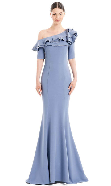 Sophisticated Fall Floor Length Natural Waistline Pleated Hidden Back Zipper Asymmetric Short Sleeves Elbow Length Sleeves One Shoulder Mermaid Dress with a Brush/Sweep Train With Ruffles