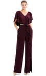 V-neck Natural Waistline Floor Length Crystal V Back Slit Pocketed Back Zipper Belted Beaded Draped Short Sleeves Sleeves Jumpsuit With Ruffles