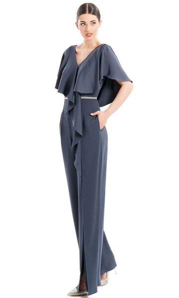 V-neck Short Sleeves Sleeves Floor Length Draped Back Zipper Belted Beaded V Back Crystal Slit Pocketed Natural Waistline Jumpsuit With Ruffles