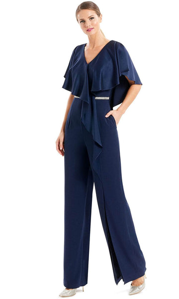 V-neck Floor Length Short Sleeves Sleeves Natural Waistline Beaded Pocketed Draped Slit Back Zipper Crystal V Back Belted Jumpsuit With Ruffles