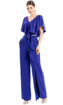 V-neck Natural Waistline Back Zipper Draped Beaded Crystal V Back Pocketed Belted Slit Short Sleeves Sleeves Floor Length Jumpsuit With Ruffles