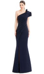 One Shoulder Beaded Trim Pleated Open-Back Slit Asymmetric Natural Waistline Mermaid Floor Length Evening Dress with a Brush/Sweep Train