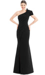 Floor Length One Shoulder Mermaid Natural Waistline Beaded Trim Open-Back Pleated Asymmetric Slit Evening Dress with a Brush/Sweep Train