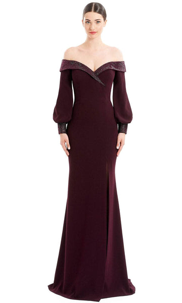 Sophisticated Natural Waistline Button Closure Slit Beaded Mermaid Sweetheart Bell Long Sleeves Off the Shoulder Evening Dress with a Brush/Sweep Train