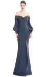 Sophisticated Sweetheart Natural Waistline Bell Long Sleeves Off the Shoulder Beaded Button Closure Slit Mermaid Evening Dress with a Brush/Sweep Train