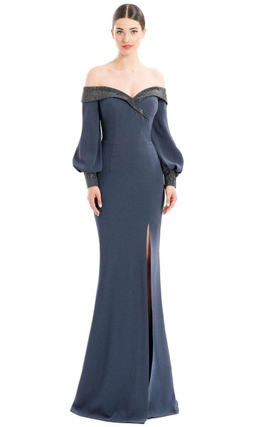 Sophisticated Mermaid Beaded Button Closure Slit Sweetheart Bell Long Sleeves Off the Shoulder Natural Waistline Evening Dress with a Brush/Sweep Train