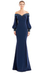 Sophisticated Mermaid Bell Long Sleeves Off the Shoulder Natural Waistline Button Closure Slit Beaded Sweetheart Evening Dress with a Brush/Sweep Train