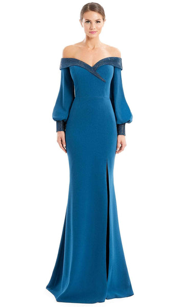Sophisticated Bell Long Sleeves Off the Shoulder Sweetheart Natural Waistline Beaded Button Closure Slit Mermaid Evening Dress with a Brush/Sweep Train