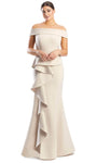 Sophisticated Draped Peplum Pleated Button Closure Fitted Mermaid Floor Length Off the Shoulder Natural Waistline Flared-Skirt Straight Neck Dress With Ruffles