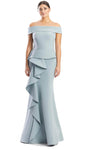 Sophisticated Floor Length Off the Shoulder Flared-Skirt Draped Button Closure Peplum Pleated Fitted Straight Neck Natural Waistline Mermaid Dress With Ruffles