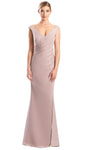 V-neck Slit Fitted Pleated Beaded Draped Natural Waistline Sleeveless Mermaid Floor Length Mother-of-the-Bride Dress with a Brush/Sweep Train