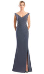 V-neck Slit Beaded Fitted Draped Pleated Floor Length Mermaid Natural Waistline Sleeveless Mother-of-the-Bride Dress with a Brush/Sweep Train