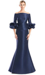 Fit-and-Flare Mermaid Floor Length Natural Waistline Fitted Pleated Open-Back Long Sleeves Off the Shoulder Evening Dress With Ruffles