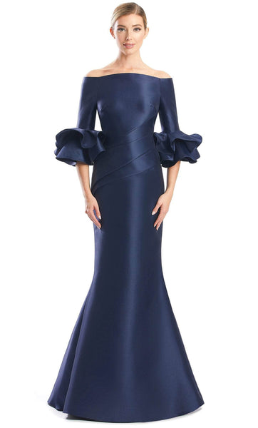Floor Length Long Sleeves Off the Shoulder Open-Back Pleated Fitted Fit-and-Flare Mermaid Natural Waistline Evening Dress With Ruffles