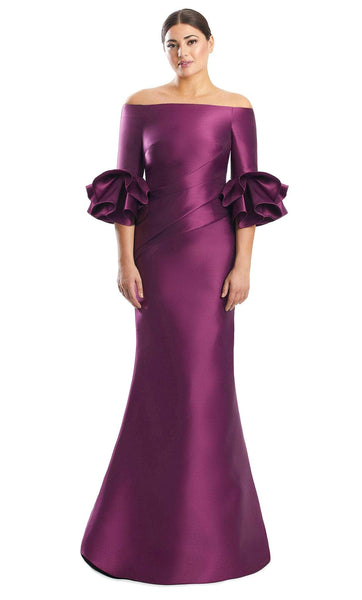 Floor Length Fit-and-Flare Mermaid Open-Back Pleated Fitted Natural Waistline Long Sleeves Off the Shoulder Evening Dress With Ruffles