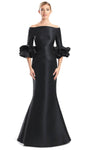 Natural Waistline Floor Length Fit-and-Flare Mermaid Fitted Pleated Open-Back Long Sleeves Off the Shoulder Evening Dress With Ruffles