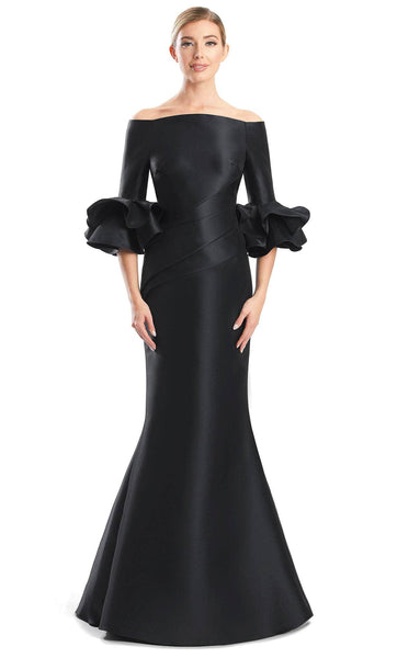 Fit-and-Flare Mermaid Floor Length Open-Back Pleated Fitted Long Sleeves Off the Shoulder Natural Waistline Evening Dress With Ruffles