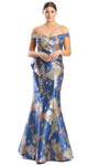Tall V-neck Short Sleeves Sleeves Off the Shoulder Floor Length Natural Waistline Floral Print Metallic Beaded Pleated Sweetheart Mermaid Evening Dress