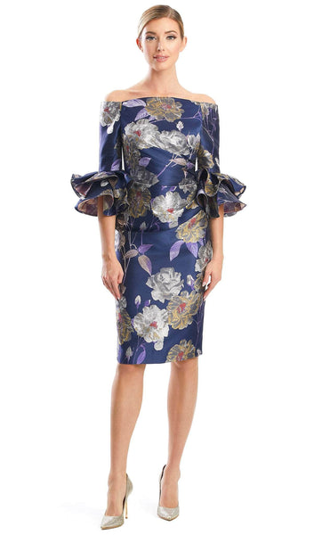 Tall Metallic Above the Knee Sheath Off the Shoulder Slit Beaded Pleated Straight Neck Natural Waistline Floral Print Sheath Dress With Ruffles