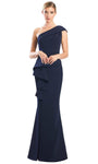 One Shoulder Crepe Floor Length Mermaid Button Closure Fitted Peplum Asymmetric Draped Natural Waistline Evening Dress with a Brush/Sweep Train With Ruffles