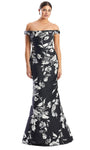 Sophisticated Floral Print Mermaid Floor Length Off the Shoulder Sleeveless Straight Neck Fall Fitted Button Closure Embroidered Natural Waistline Prom Dress with a Brush/Sweep Train