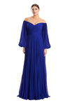 A-line V-neck Floor Length Chiffon Bishop Long Sleeves Off the Shoulder Flowy Hidden Back Zipper Pleated Accordion Sweetheart Dress