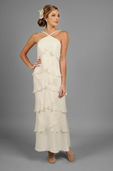 Beaded Sheath Floor Length Halter Sleeveless Natural Waistline Sheath Dress With Ruffles