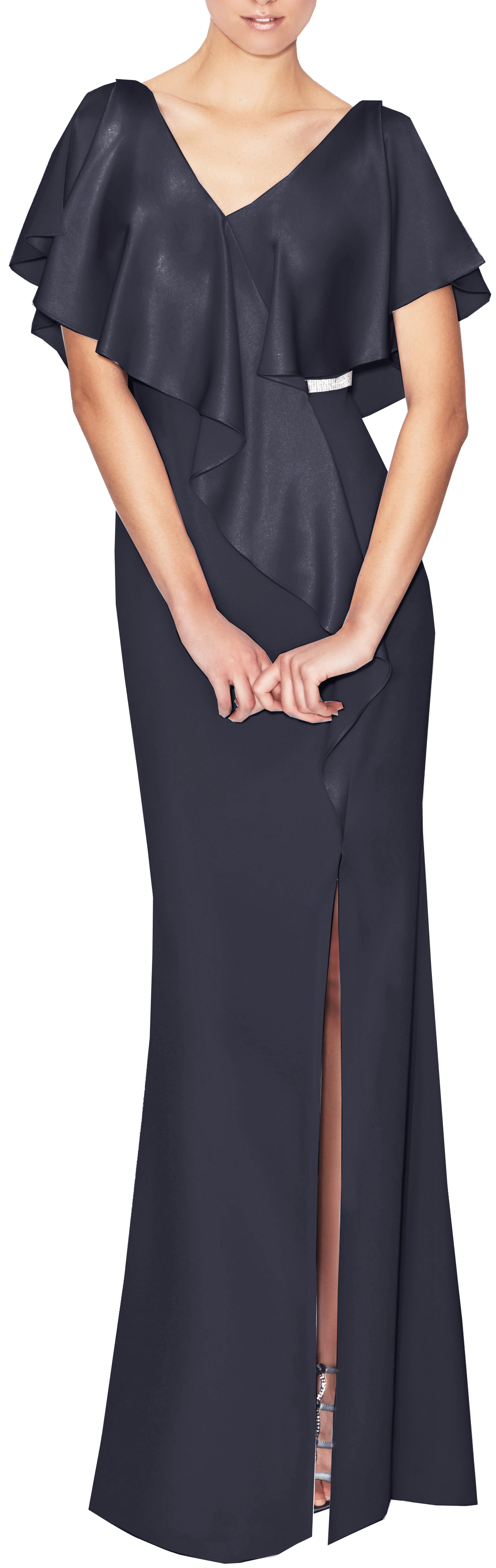 V-neck Floor Length Natural Waistline Sheath Short Sleeves Sleeves Draped Beaded Slit Fitted Sheath Dress/Evening Dress With Pearls