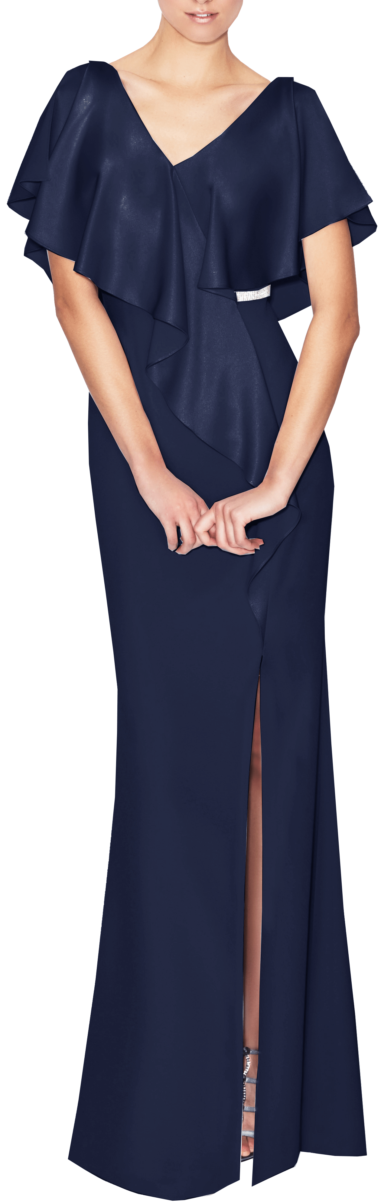 V-neck Sheath Floor Length Natural Waistline Short Sleeves Sleeves Slit Draped Beaded Fitted Sheath Dress/Evening Dress With Pearls