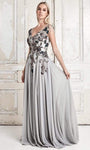 A-line V-neck Natural Waistline Floral Print Floor Length Cap Sleeves Slit Embroidered Sheer Fitted Prom Dress